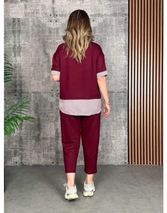 Kadın Modal Kumaş çizgili Gömlek Yaka Ikili Takım