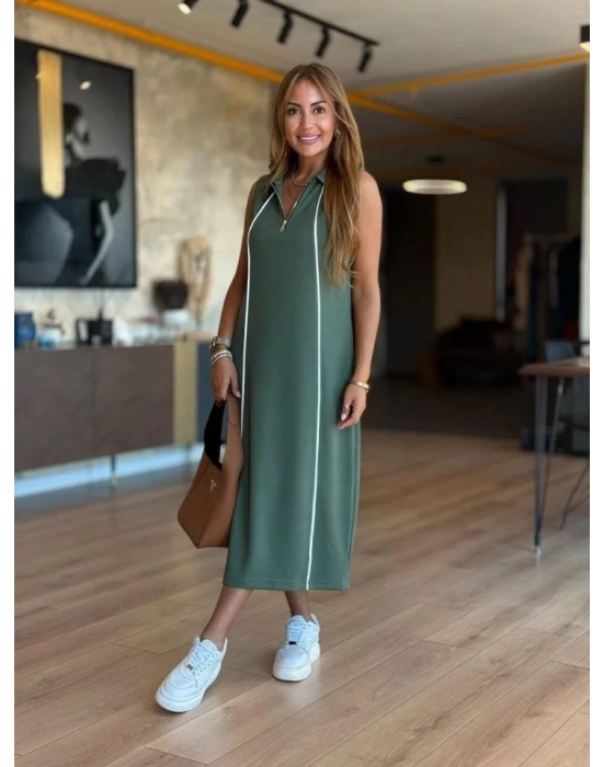 Kadın Modal Kumaş şerit Detaylı Fermuarlı Midi Elbise