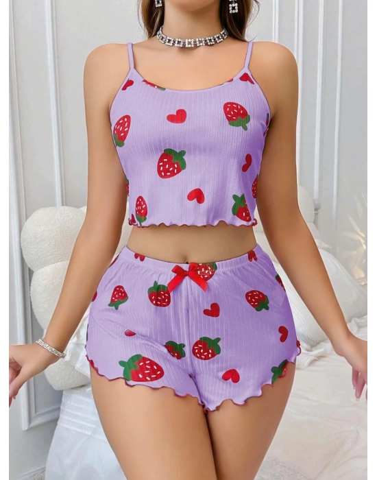 Kadın Mor Çilek desenli Şortlu Pijama Takımı 5061