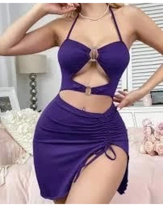 Kadın Mor Fantezi Elbise Önden Büzgü Dekolteli 5083