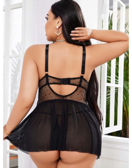 Kadın Nakışlı Siyah Gotik İp Askılı Büyük Beden Tüllü Transparan Fantezi Gecelik 8007