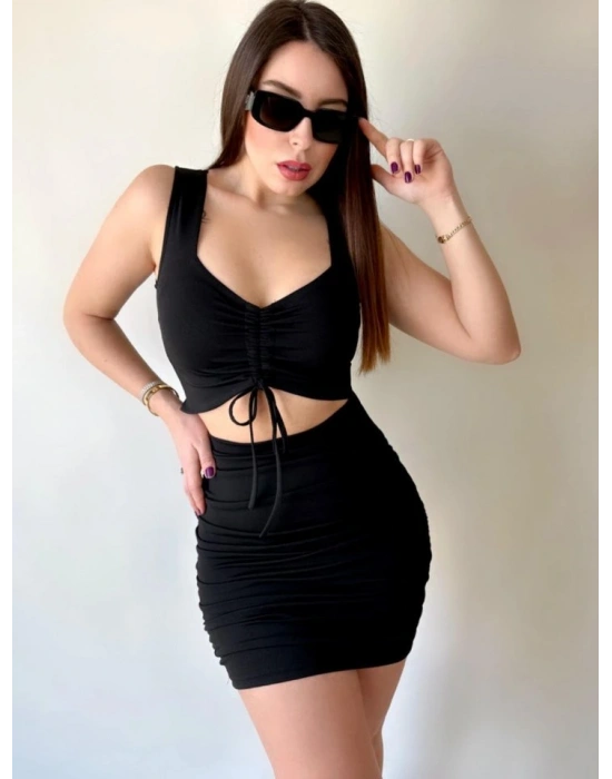 Kadın Omuz Askılı Armut Yaka Büzgü Ve Göbek Dekolteli Mini Elbise