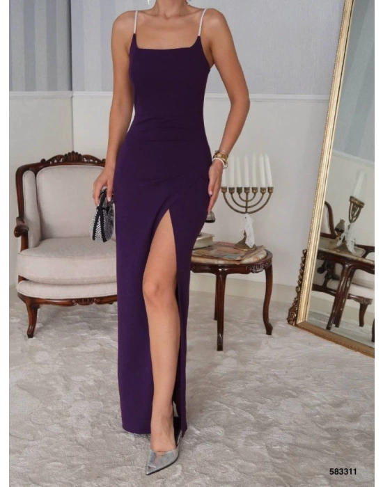 Kadın Omuz Askılı Derin Yırtmaç Detay Maxi Boy Elbise