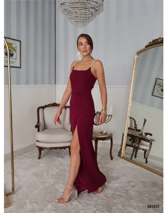 Kadın Omuz Askılı Derin Yırtmaç Detay Maxi Boy Elbise