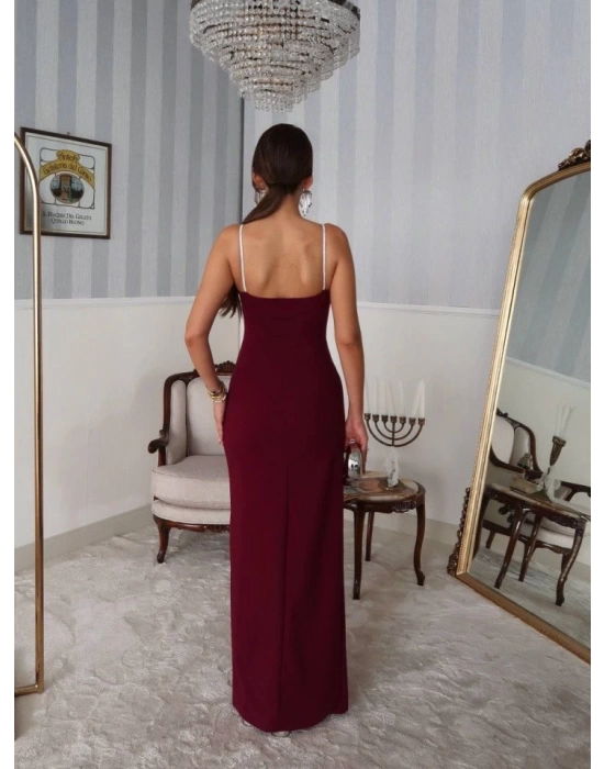 Kadın Omuz Askılı Derin Yırtmaç Detay Maxi Boy Elbise