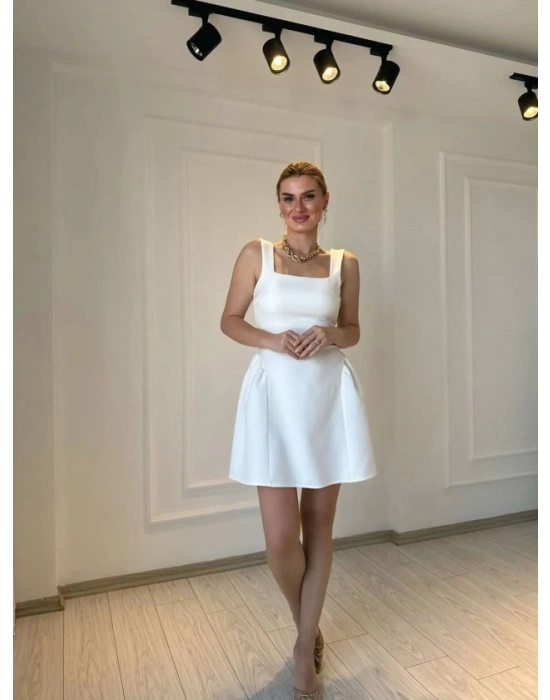 Kadın Omuz Askılı Kare Yaka Ithal Atlas Kumas Mini Elbise