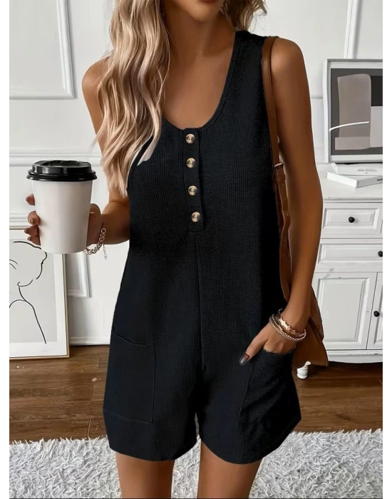 Kadın Omuz Askılı önden Düğmeli Waffle Kısa Tulum