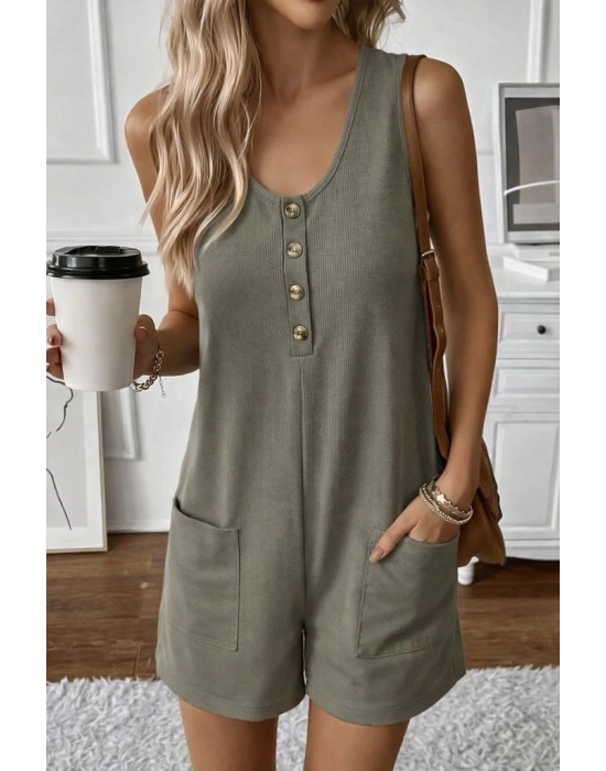 Kadın Omuz Askılı önden Düğmeli Waffle Kısa Tulum