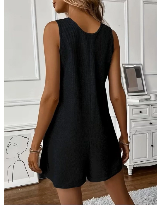 Kadın Omuz Askılı önden Düğmeli Waffle Kısa Tulum