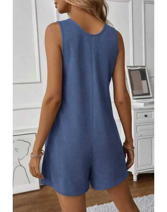 Kadın Omuz Askılı önden Düğmeli Waffle Kısa Tulum