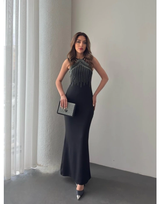 Kadın Omuz çoklu Askılı önü Taş Işlemeli Balık Kesim Janjan Krep Maxi Boy Elbise