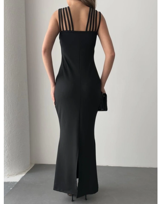 Kadın Omuz çoklu Askılı önü Taş Işlemeli Balık Kesim Janjan Krep Maxi Boy Elbise