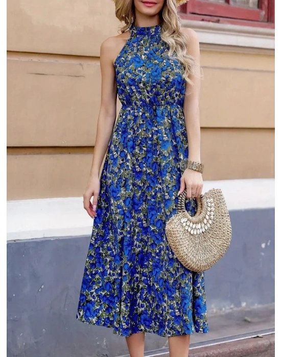 Kadın Omuz Dekolteli Halter Yaka Desenli Maxi Süprem Elbise