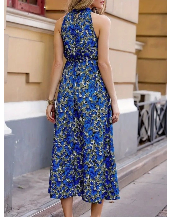 Kadın Omuz Dekolteli Halter Yaka Desenli Maxi Süprem Elbise