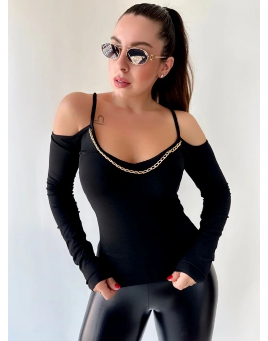 Kadın Omuz Dekolteli Zincir Detay Bluz