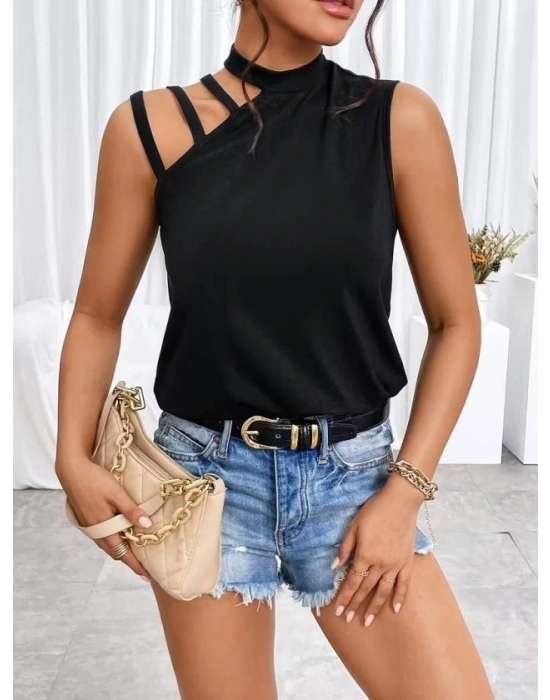 Kadın Omuzdan şerit Detaylı Yarı Balıkçı Yaka Viskon Bluz