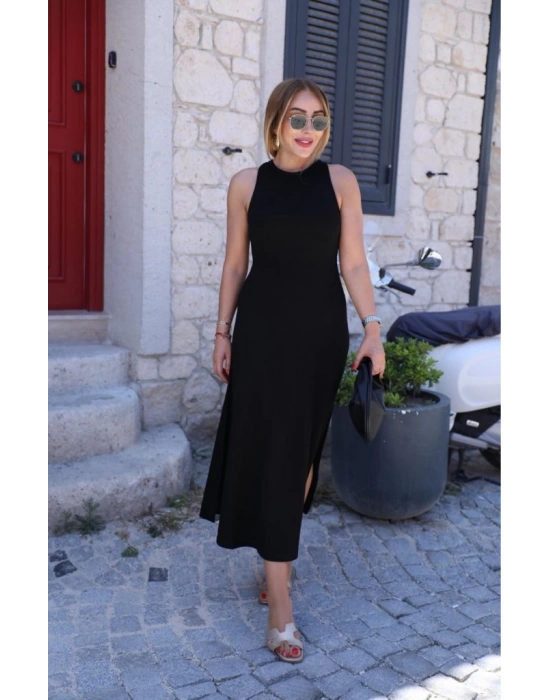 Kadın Omuzlardan Açık Arkadan Aksesuar Detaylı Yırtmaçlı Janjan Krep Elbise