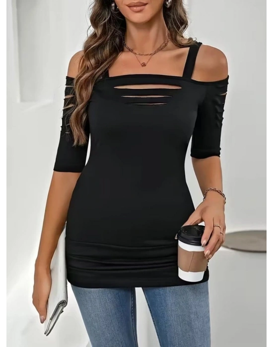 Kadın Omuzlardan Açık Askılı Lazer Kesim Detaylı Viskon Bluz