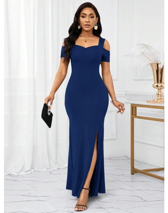 Kadın Omuzlardan Açık Askılı Yırtmaç Detaylı Uzun Ithal Krep Elbise