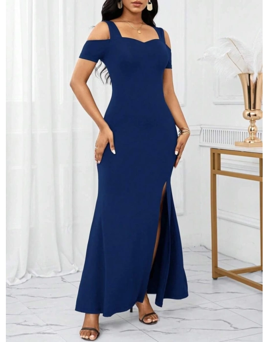 Kadın Omuzlardan Açık Askılı Yırtmaç Detaylı Uzun Ithal Krep Elbise