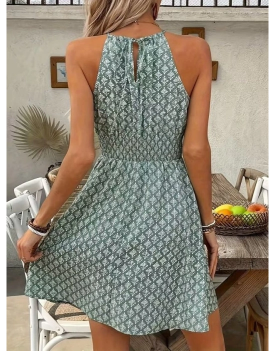 Kadın Omuzlardan Açık Boyun Arkasından Bağcıklı Beli Lastikli Kısa Süprem Elbise