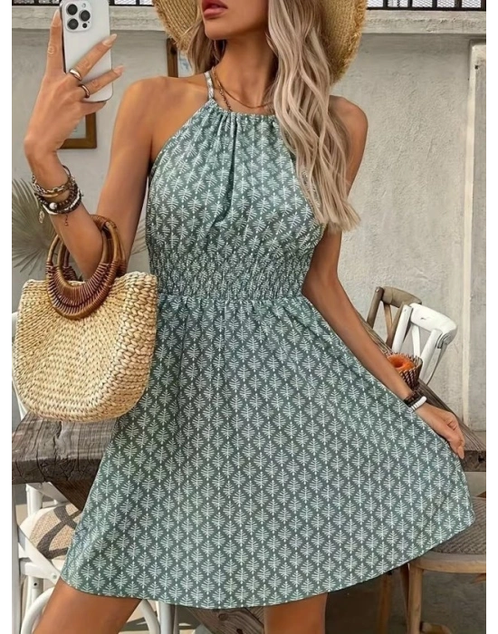 Kadın Omuzlardan Açık Boyun Arkasından Bağcıklı Beli Lastikli Kısa Süprem Elbise