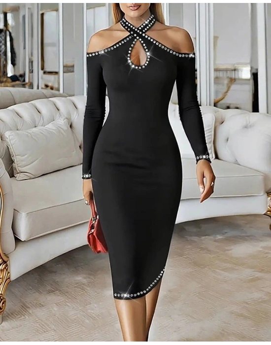 Kadın Omuzlardan Açık Boyundan Geçmeli Damla Detaylı Taşlı Midi Dalgıç Elbise