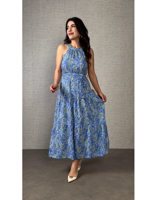 Kadın Omuzlardan Açık Boyundan Geçmeli Desenli Süprem Elbise