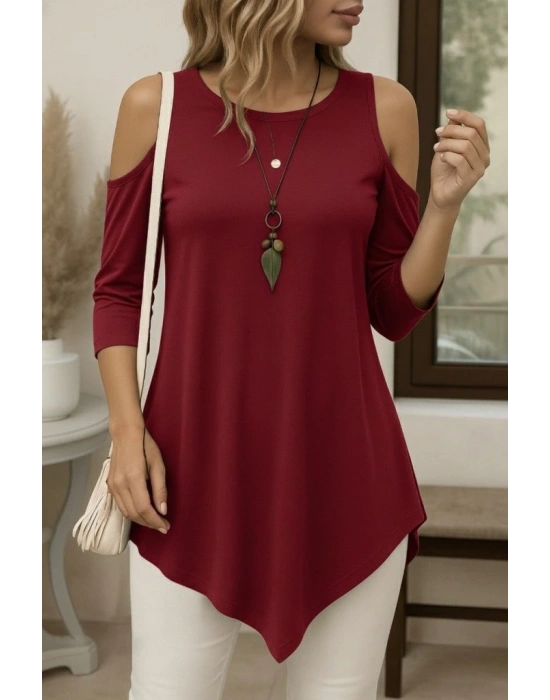 Kadın Omuzlardan Açık Sıfır Yaka Asimetrik Kesim Detay Viskon Bluz