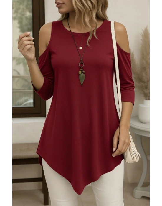 Kadın Omuzlardan Açık Sıfır Yaka Asimetrik Kesim Detay Viskon Bluz