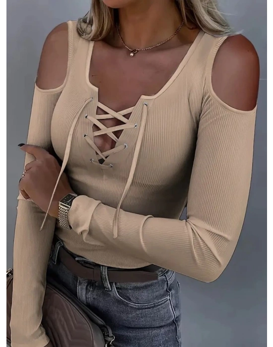 Kadın Omuzlardan Açık Uzun Kollu Bağcıklı Kaşkorse Bluz