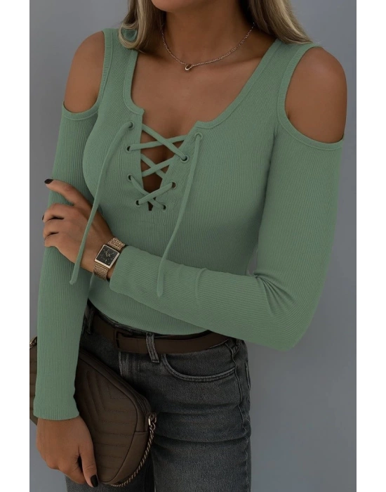 Kadın Omuzlardan Açık Uzun Kollu Bağcıklı Kaşkorse Bluz