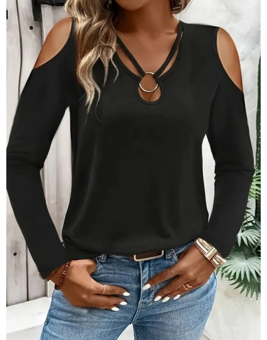 Kadın Omuzlardan Açık Uzun Kollu Yakadan Halka şerit Detaylı Viskon Bluz