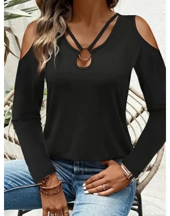 Kadın Omuzlardan Açık Uzun Kollu Yakadan Halka şerit Detaylı Viskon Bluz