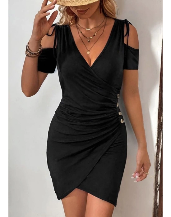 Kadın Omuzlardan Açık V Yakalı Kısa Kollu Yanlardan Büzgülü Düğme Detaylı Janjan Krep Elbise