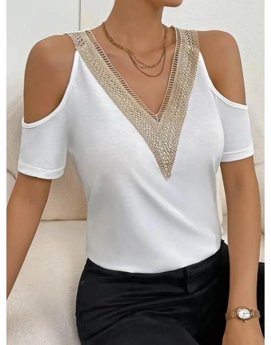 Kadın Omuzlardan Açık V Yakalı Viskon Bluz