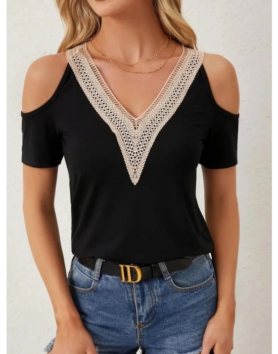 Kadın Omuzlardan Açık V Yakalı Viskon Bluz