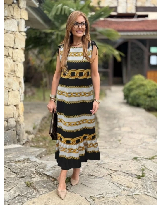 Kadın Omuzlardan Büzgülü Kayık Yaka Fırfırlı Janjan Krep Elbise