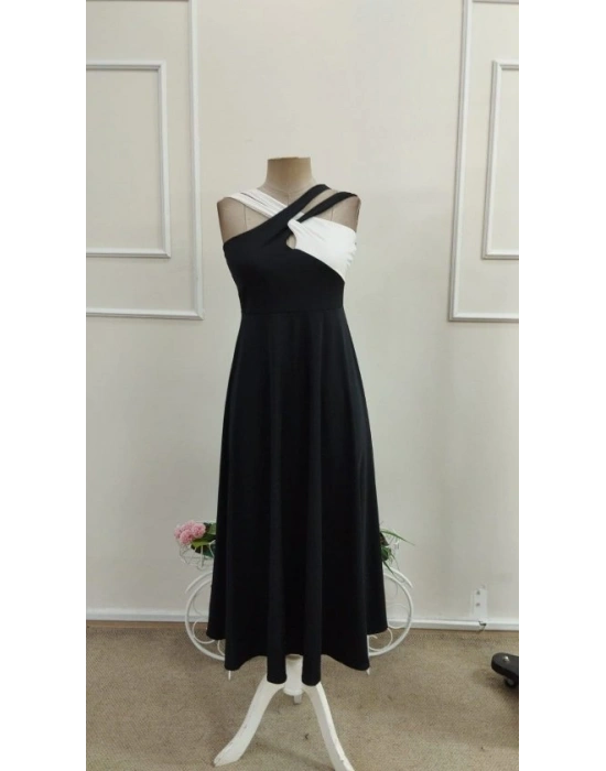 Kadın önden çapraz şerit Geçme Detaylı Blok Desenli Kiloş Midi Dalgıç Elbise