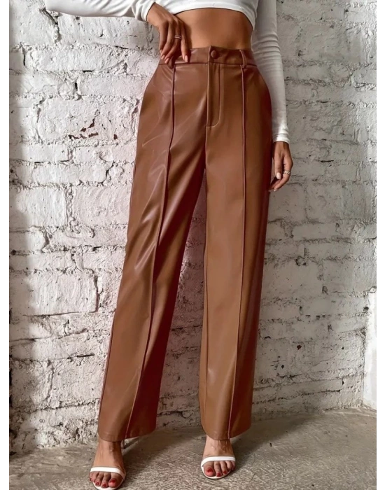 Kadın önden Fermuarlı Cepli Geniş Kesim Lame Deri Pantolon