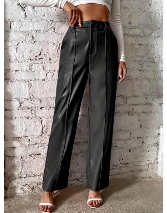 Kadın önden Fermuarlı Cepli Geniş Kesim Lame Deri Pantolon
