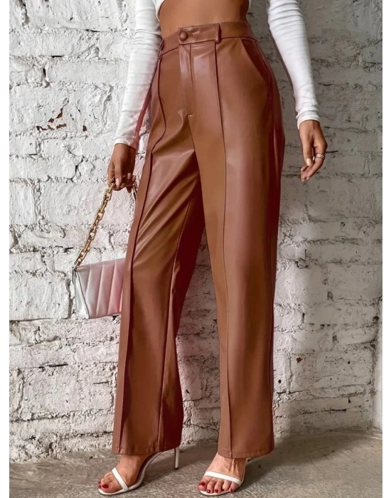 Kadın önden Fermuarlı Cepli Geniş Kesim Lame Deri Pantolon