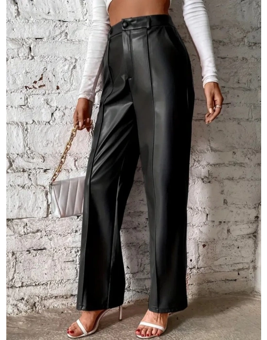 Kadın önden Fermuarlı Cepli Geniş Kesim Lame Deri Pantolon