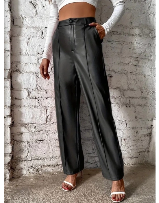 Kadın önden Fermuarlı Cepli Geniş Kesim Lame Deri Pantolon