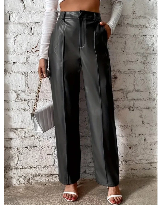 Kadın önden Fermuarlı Cepli Geniş Kesim Lame Deri Pantolon
