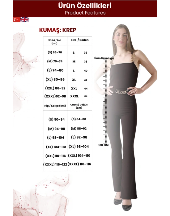 Kadın Önü ve Askısı Zincir Detay İthal Krep Kumaş Tulum