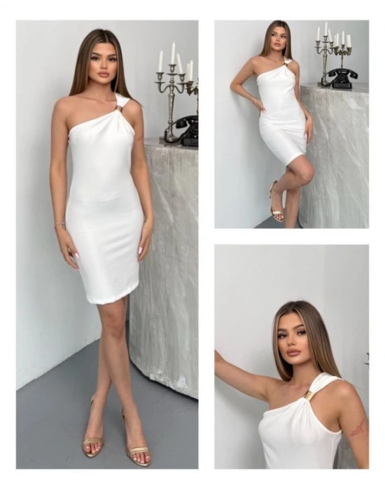 Kadın Ottoman Kumaş Tek Omuz Askılı Toka Detaylı Mini Boy Elbise