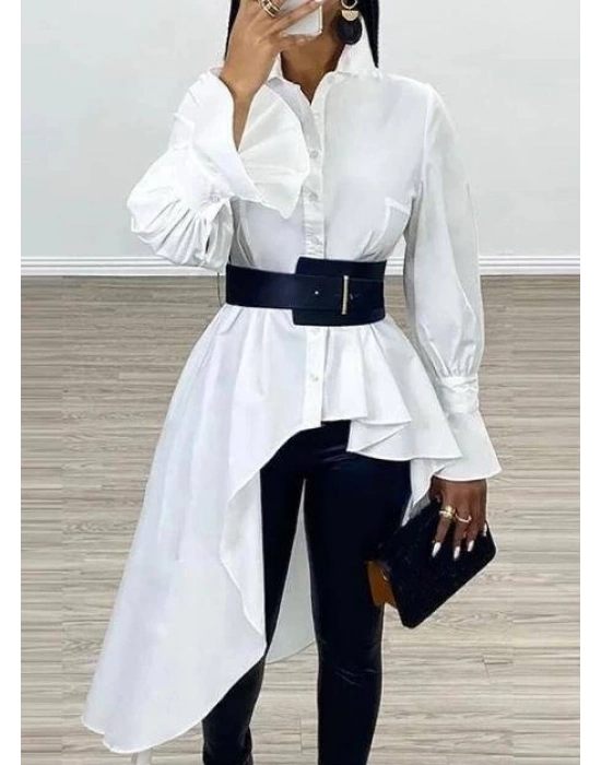 Kadın Pamuk Polyester Kumaş, Asimetrik Kesim Gömlek (Kemer Dahil)