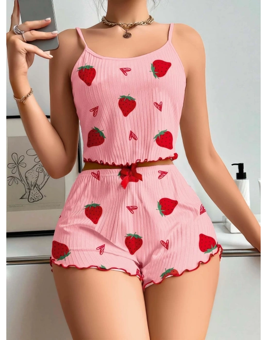 Kadın Pembe Çilek desenli Şortlu Pijama Takımı 5056