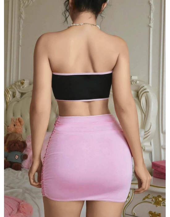 Kadın Pembe Etekli Fiyonk Detaylı Sexy Kostüm 2154